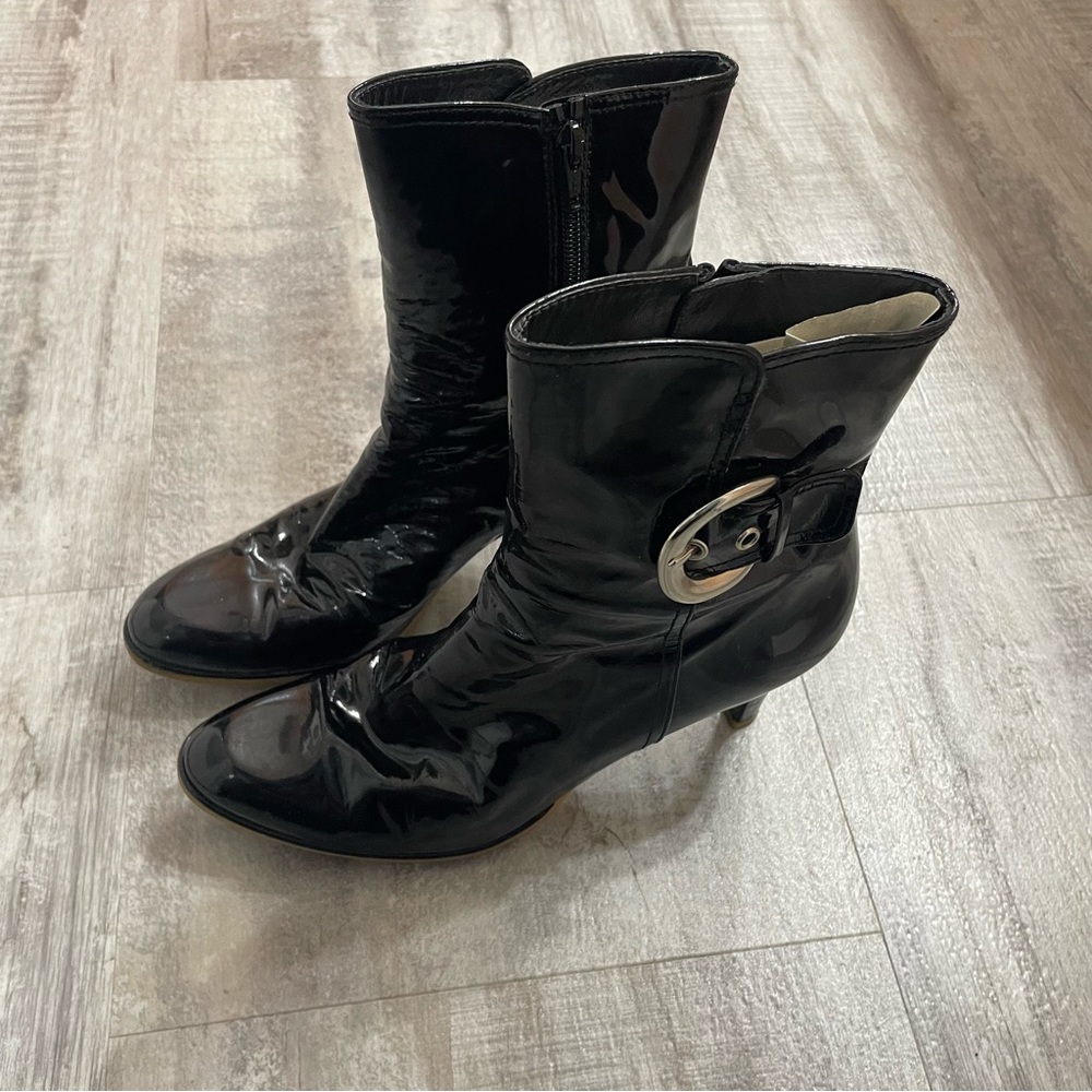 Stuart Weitzman Patent Leather Buckle Accent Boots 10.5